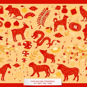 Lunar New Year Chinese Clipart Svg Bundle Download Digital Papers Instant Download Invite Cards Wall Art Animals Signs Red Gold image 6