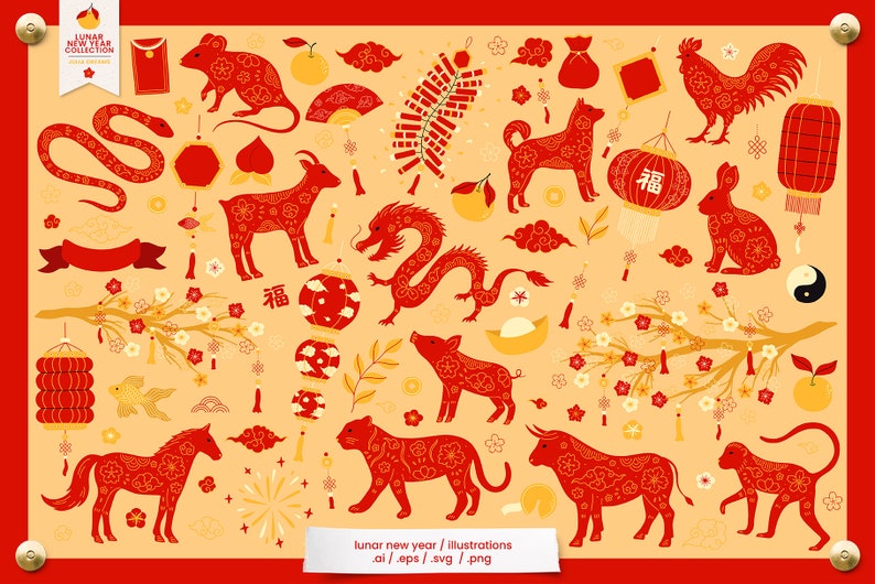 Lunar New Year Chinese Clipart Svg Bundle Download Digital Papers Instant Download Invite Cards Wall Art Animals Signs Red Gold image 6