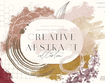 Puede incluir: Un conjunto de ilustraciones digitales de formas abstractas en rosa, marrón y dorado. El conjunto incluye texturas pintadas a mano, marcos y composiciones. El texto "CREATIVE ABSTRACT collection" está incluido en la imagen.