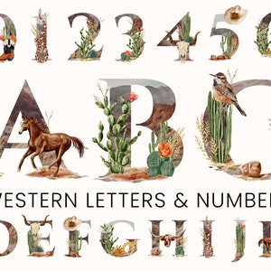 Números de letras do alfabeto do oeste selvagem em aquarela - animais ocidentais - clipart digital PNG - berçário de bebê - convites - uso comercial
