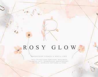 May include: A digital design featuring the text "ROSY GLOW" with watercolor flowers and pencil lines. The design includes a gold geometric frame, floral elements, and the letter "R" adorned with leaves. The text below states "Watercolor flowers & pencil lines".