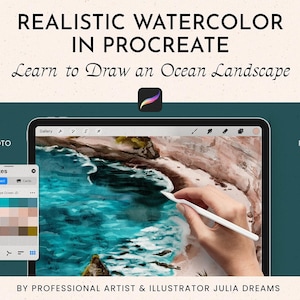 May include: A digital illustration tutorial for learning how to draw a realistic watercolor ocean landscape in Procreate. The image shows a tablet screen with a digital painting of an ocean scene, a hand holding a stylus, and a color palette.