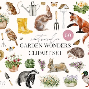 Acuarela Jardín Maravillas Digital Clipart Set - Jardinería - Invitación de boda - Elementos florales - Logotipo de acuarela Animales Flores Plantas