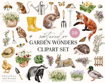 Watercolor Garden Wonders Digital Clipart Set - Gardening - Wedding Invitation - Floral Elements - Watercolor Logo Animals Flowers Plants