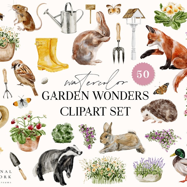 Watercolor Garden Wonders Digital Clipart Set - Gardening - Wedding Invitation - Floral Elements - Watercolor Logo Animals Flowers Plants