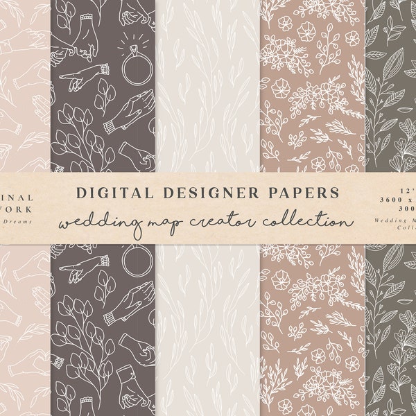 Wedding Digital Paper - Scrapbook Papers - Seamless Patterns - Digital Background - Printable Paper Set - Floral Hands Flowers - Invitation