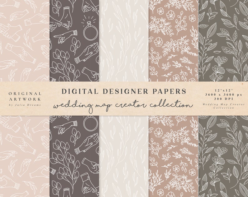 Wedding Digital Paper Scrapbook Papers Seamless Patterns Digital Background Printable Paper Set Floral Hands Flowers Invitation image 1