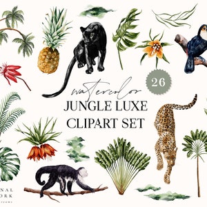 Aquarelle Jungle Luxe Digital Clipart Set - Tropical - Invitation de mariage - Éléments floraux - Logo aquarelle Tropic Leopard Palm Tree
