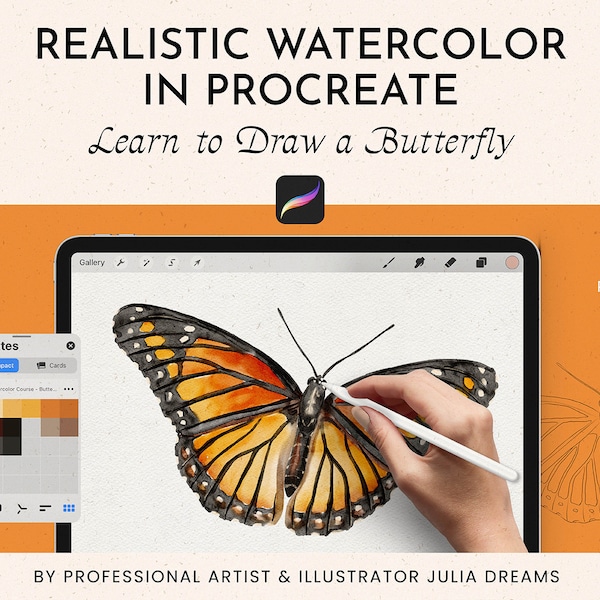 Realistic Watercolor in Procreate - Procreate Tutorial Watercolor Butterfly - Drawing Video Watercolor Course Procreate Brushes How to Draw
