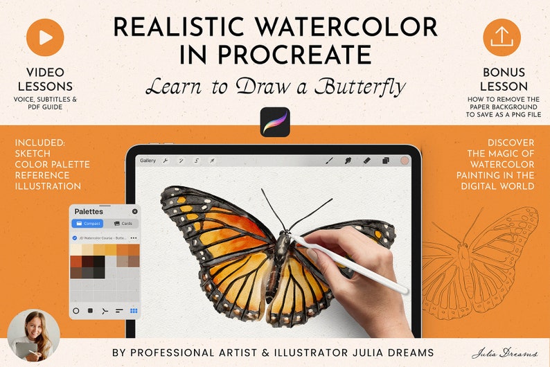 May include: A digital illustration tutorial for drawing a realistic butterfly using Procreate. The tutorial includes video lessons, a color palette, and a sketch reference. Learn to draw a butterfly in Procreate.