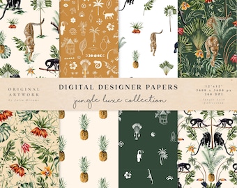 Papel digital de acuarela Jungle Luxe - Papeles de álbum de recortes - Patrones sin costuras - Fondo digital Leopard Tropical Palm - Invitación de boda
