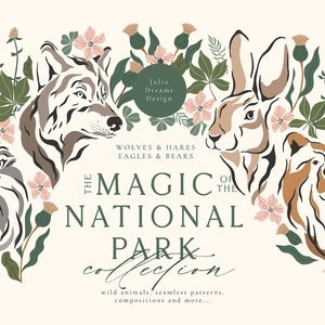 Magic National Park - Digital Clipart - Forest Animals Clip Art - Forest Art - Hare Eagle Wolf Bear - Individual PNG Files Logo SVG Elements