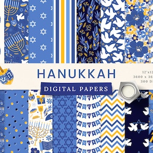 Hanukkah Digital Papers - Uso comercial - Papel de álbum de recortes - Patrón sin costuras - Papel de diseño - Fondo - Fiesta judía Menorah Dreidel