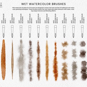 May include: A set of 12 watercolor brushes for Procreate, designed to mimic the look and feel of traditional wet watercolor painting techniques. The brushes are shown with their names and the results of each brush stroke.