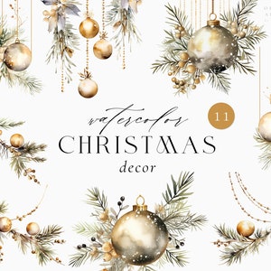 Acuarela Navidad Decoración Digital Clipart - Bolas de Navidad Doradas - Adornos de Navidad Oro - Ramitas de Pino - Decoraciones de Árboles de Navidad PNG