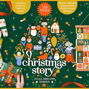 Clipart de história de Natal - Natal de férias de inverno - Papai Noel - Clip Art de quebra-nozes - para impressão - papéis digitais - calendário do advento - arte de parede