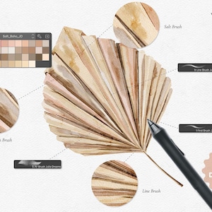 May include: A set of watercolor brushes for Clip Studio Paint, featuring a stylized illustration of a dried palm leaf with a brown, beige, and pink color scheme. The brushes are designed to create realistic watercolor effects.