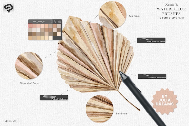 May include: A set of watercolor brushes for Clip Studio Paint, featuring a stylized illustration of a dried palm leaf with a brown, beige, and pink color scheme. The brushes are designed to create realistic watercolor effects.