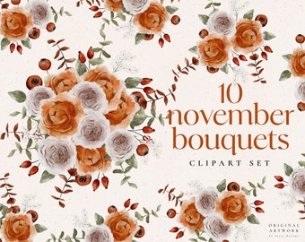 Aquarell Blumen November Blumensträuße - Floral Logo Clipart - Arrangements - Hochzeit einladen - digitale Clipart PNG - Blumenstrauß - Orange