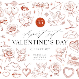 Saint Valentin Clipart - Heart Clip Art Valentine PNG - Sweets Balloon Cupidon - Téléchargement instantané - Rose Kiss Bird - Digital Clipart Flower