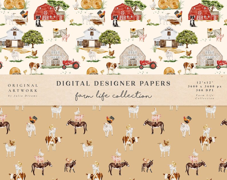 Barn Ritor Papper Farm Life Watercolor Digital Paper - Scrapbook Papers - Seamless ...