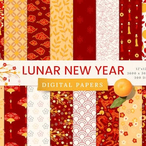 Lunar New Year Chinese Digital Papers - Uso comercial - Papel de álbum de recortes - Patrón asiático sin costuras - Lindo papel de diseñador - Fondo - Rojo