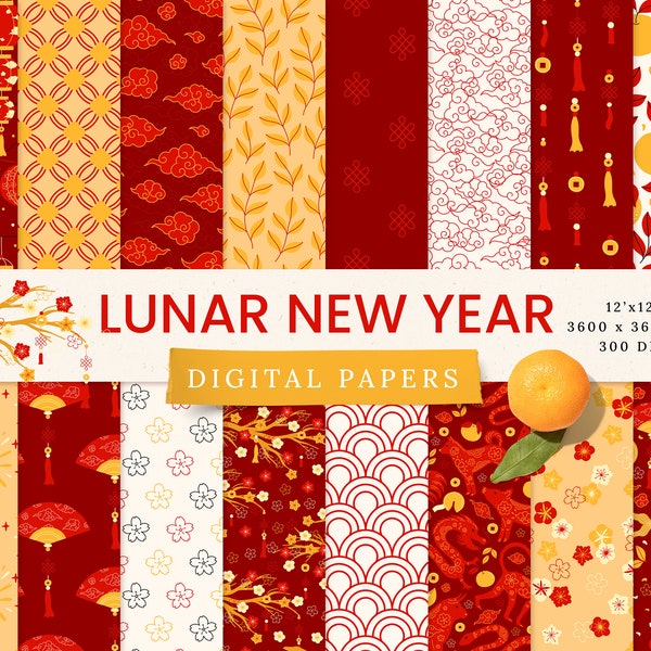 Lunar New Year Chinese Digital Papers - Commercial Use - Scrapbook Paper - Asian Seamless Pattern - Cute Designer Paper - Background - Red