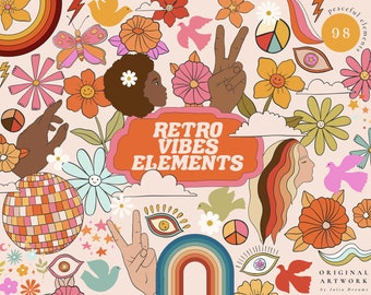 Retro Vibes Digital Clipart Set - 70's Clipart - Retro Flowers Hippie Art - Psychedelic art - Groovy - Individual PNG Files Logo Elements