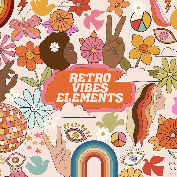 Retro Vibes Digital Clipart Set - 70's Clipart - Retro Flowers Hippie Art - Psychedelic art - Groovy - Individual PNG Files Logo Elements