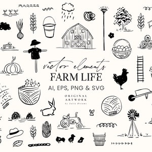 Farm Vector SVG Clipart - Farm Elements - Hand Drawn Style - Animals Tools Barn PNG - Instant Download - Digital Logo Cottage - Silhouette