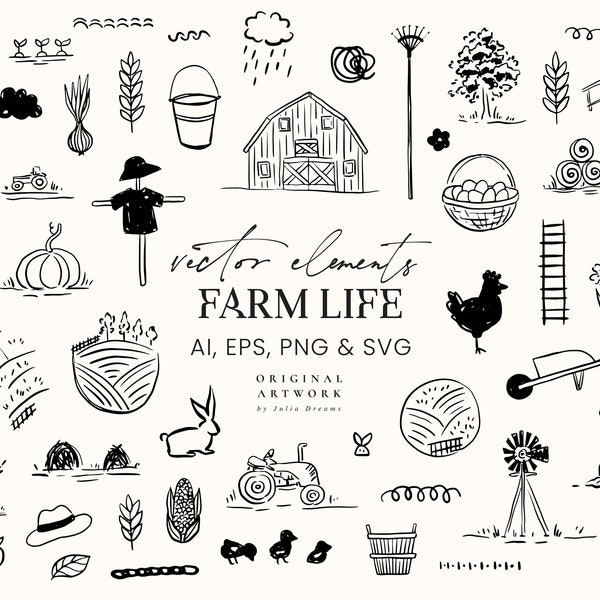Farm Vector SVG Clipart - Farm Elements - Hand Drawn Style - Animals Tools Barn PNG - Instant Download - Digital Logo Cottage - Silhouette