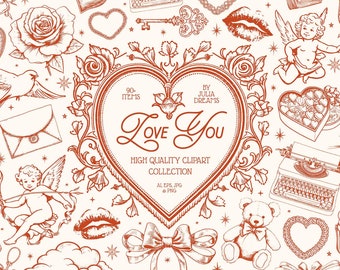 May include: A red and white heart-shaped frame with the text "LOVE YOU" and "HIGH QUALITY CLIPART COLLECTION" inside. The frame is surrounded by various red and white illustrations of hearts, roses, cherubs, and other romantic symbols.