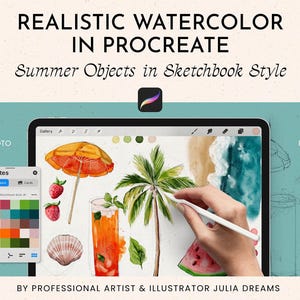 Tutorial Realistische aquarel in Procreate Summer Objects in Sketchbook Style - Procreate aquarel tekenen video aquarelcursus