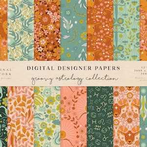 May include: A set of 12 digital papers featuring groovy astrology designs. Each paper is 12 inches by 12 inches and has a 300 DPI resolution. The designs include zodiac signs, stars, and floral patterns in a retro colour palette of orange, green, and blue.