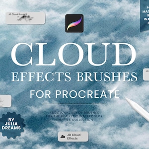Pode incluir: Um gráfico digital com o texto CLOUD EFFECTS BRUSHES FOR PROCREATE sobre um fundo de céu azul. Inclui o logótipo Procreate, três pequenas amostras de pincéis de nuvens, uma caneta stylus branca e texto de Julia Dreams.