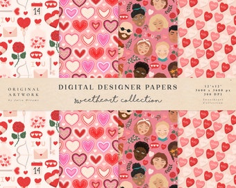 Sweetheart Digital Papers - Valentine's Day Scrapbook Papers - Hearts Wallpaper - Love Seamless Patterns - Commercial Use - Rose Letter Art