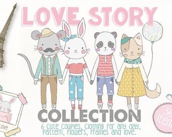 Love Story Clipart Collection - Cute Animals - Kids PNG - Children Boy and Girl Clipart - Mail Clothes Clipart - Digital Papers - Floral
