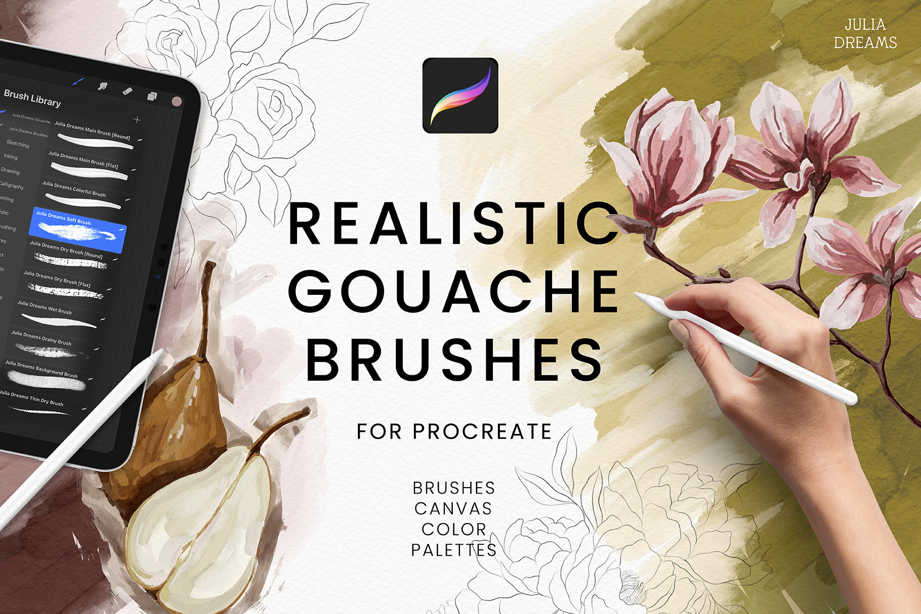 Realistic Gouache Procreate Brushes Kit – Textured Canvas, Color Palettes & Sketches for iPad