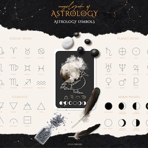 May include: A black and white illustration of an encyclopedia of astrology symbols. The illustration includes zodiac signs, planet signs, and moon phases. The illustration is surrounded by a black and white background with gold stars.