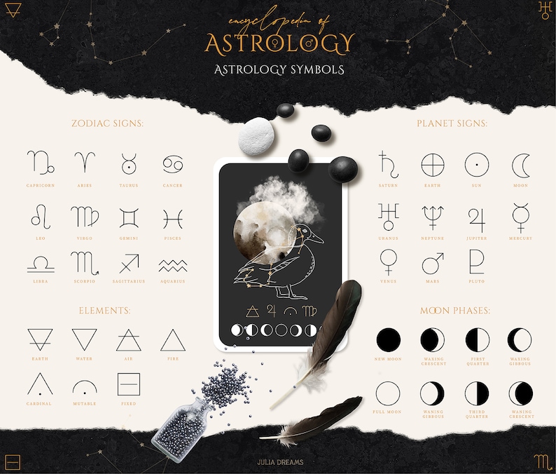 May include: A black and white illustration of an encyclopedia of astrology symbols. The illustration includes zodiac signs, planet signs, and moon phases. The illustration is surrounded by a black and white background with gold stars.