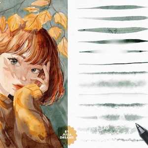 May include: A set of 13 watercolor brushes for Clip Studio Paint. The brushes are designed to create realistic watercolor effects. The image shows a variety of brush strokes, including dry brush, wet brush, and blended brush strokes. The brushes are named and numbered in the image.