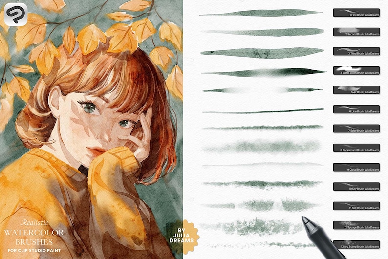 May include: A set of 13 watercolor brushes for Clip Studio Paint. The brushes are designed to create realistic watercolor effects. The image shows a variety of brush strokes, including dry brush, wet brush, and blended brush strokes. The brushes are named and numbered in the image.