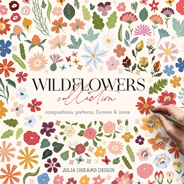 Wildflowers Digital Clipart - Individual PNG Files Logo Elements - Wedding Branding - Flower Digital Papers - Floral Bouquet Leaves Leaf