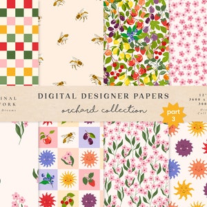 Orchard Digital Papers Część 3 - Zastosowanie komercyjne - Papier do scrapbookingu - Wzór bezszwowy - Papier designerski z owocami - Tło Owoce Jagoda Brzoskwinia