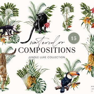 Composizioni acquerello Jungle Luxe - Animali tropicali - Logo - Clipart per la scuola materna del bambino - Partecipazione di nozze - Clipart digitale PNG Scimmia leopardo