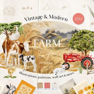 Farm Life Acquerello Digital Clipart Set - Animali da fattoria Nursery Clipart - Documenti digitali - Country Life Barn Decor Cute Baby Shower Pattern