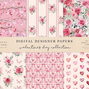 Valentines Day Watercolor Digital Papers - Scrapbook Papers - Seamless Patterns - Digital Background - Watercolor Paper Set - Pink Hearts