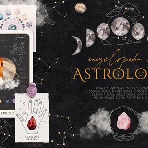 Encyclopedie van astrologie - Aquarel Kristallen Edelstenen Planeten - Magische Elementen - Zodiac Symbol Mystical Celestial - Sterrenbeelden Maan