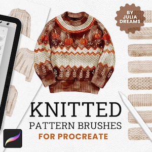 Może przedstawiać: Zestaw cyfrowych pędzli Procreate do tworzenia wzorów dzianinowych. Pędzle są wyświetlane na ekranie tabletu z różnymi rodzajami ściegów dzianinowych. Obraz zawiera również akwarelową ilustrację brązowego swetra z wzorem dyni i liści.