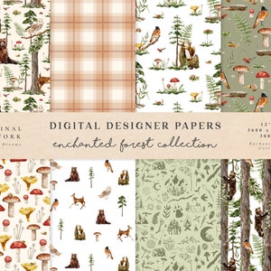 Forêt enchantée aquarelle forêt papier numérique - papiers Scrapbook - modèles sans couture - fond numérique cerf ours - faire-part de mariage